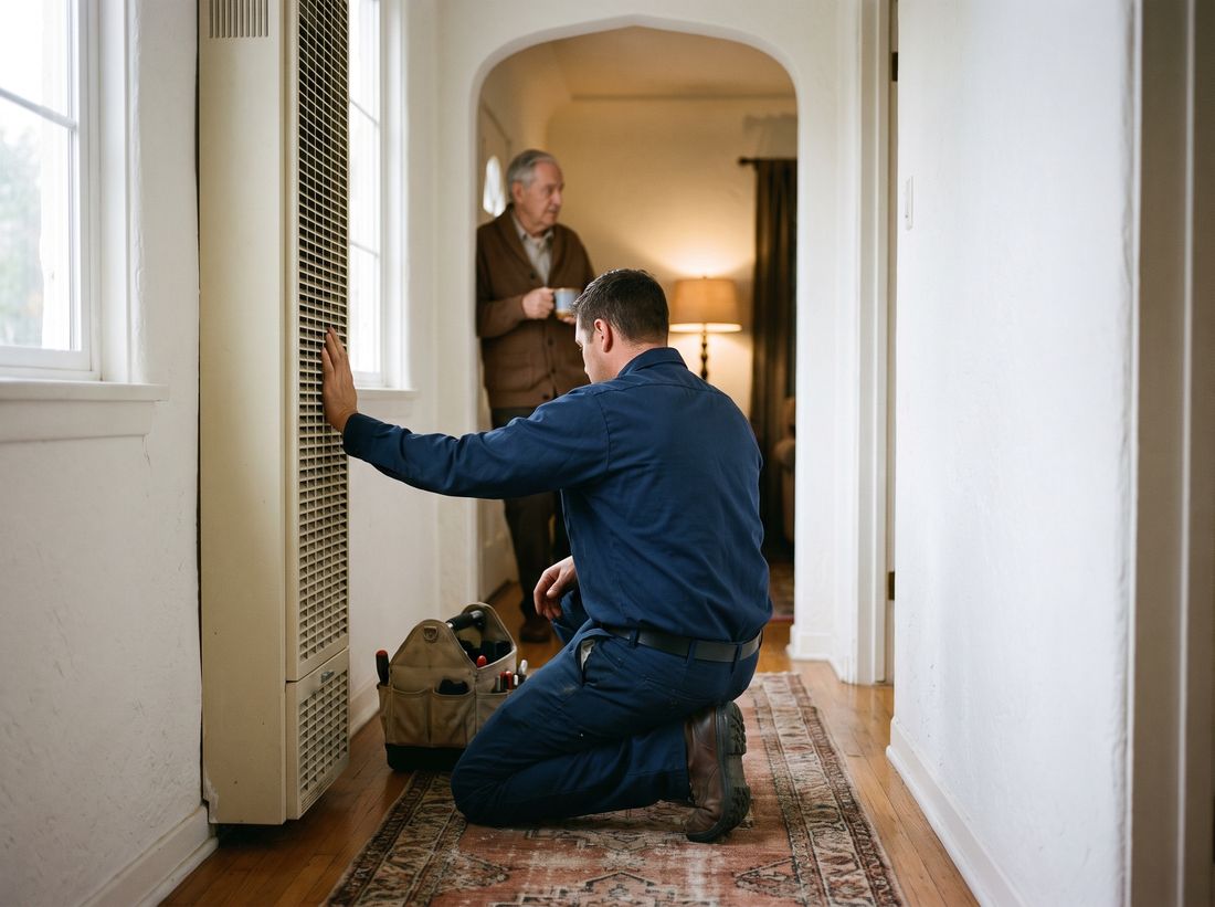 On a gray morning a technician kneels at a wall furnace in the hallway of a Spanish-style house while the homeowner watches from the next room with a cup of coffee