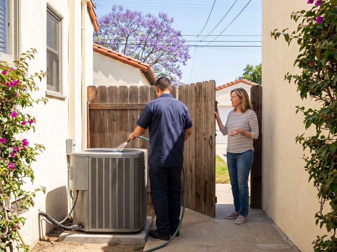 A technician hoses down the outdoor air conditioning unit in the side yard of a Spanish-style house while the homeowner talks with him from the gate